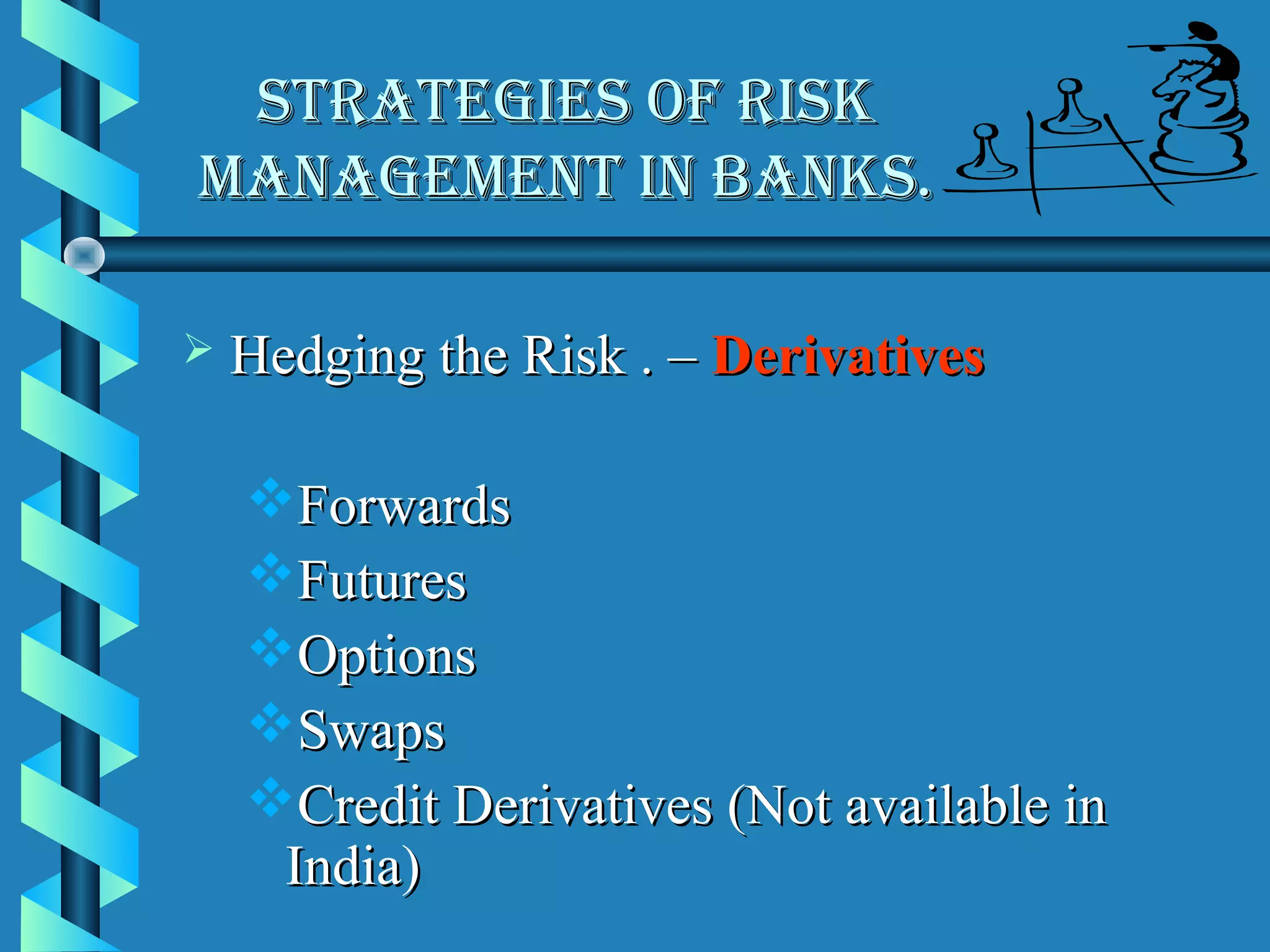 strAteGies of risK
MAnAGeMent in BAnKs.

   Hedging the Risk . – Derivatives

    Forwards
    Futures
    Options
    Swaps
    Credit Derivatives (Not available in
     India)
 