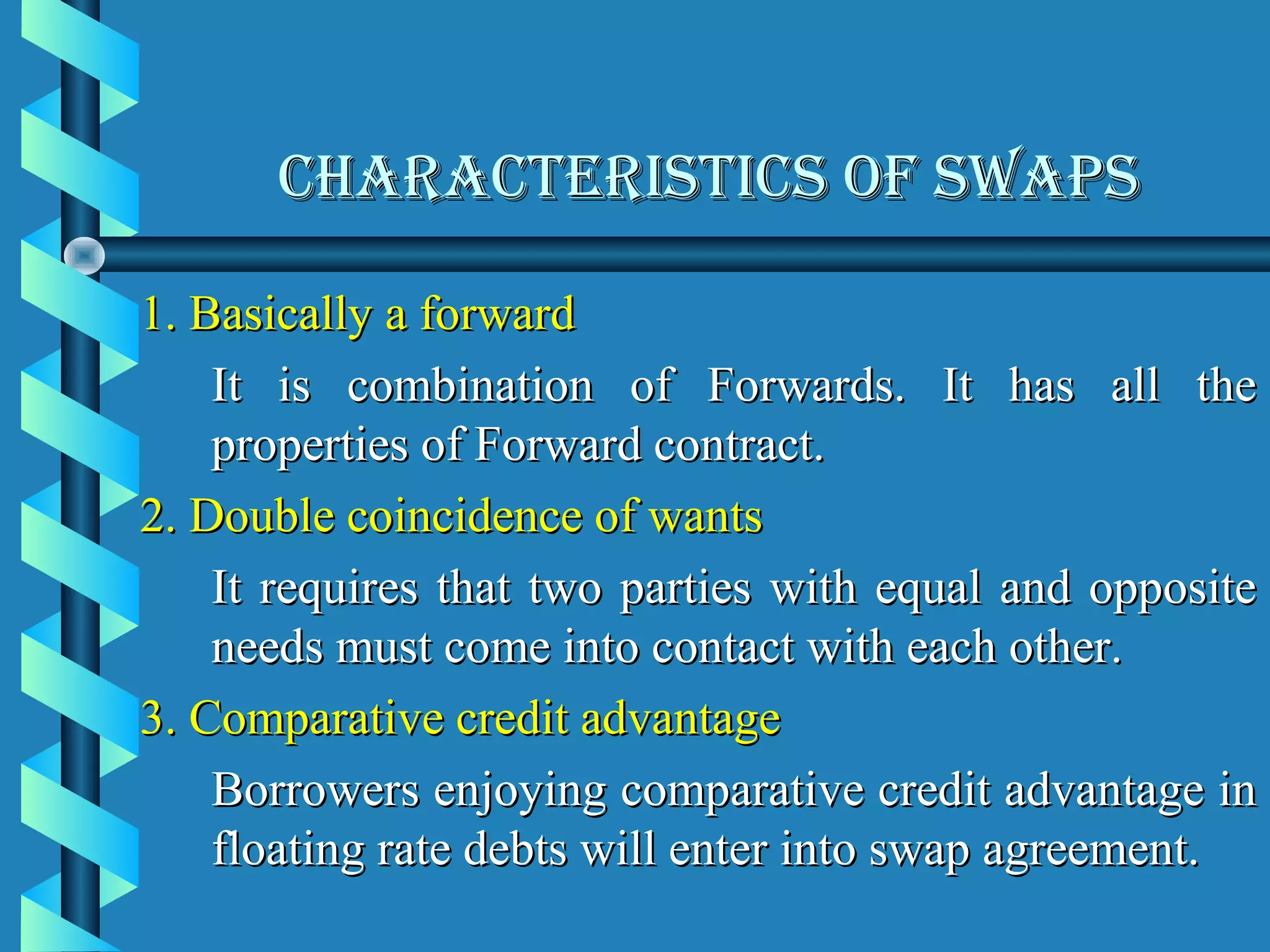 ChArACteriStiCS of SWAPS

1. Basically a forward
    It is combination of Forwards. It has all the
    properties of Forward contract.
2. Double coincidence of wants
    It requires that two parties with equal and opposite
    needs must come into contact with each other.
3. Comparative credit advantage
    Borrowers enjoying comparative credit advantage in
    floating rate debts will enter into swap agreement.
 