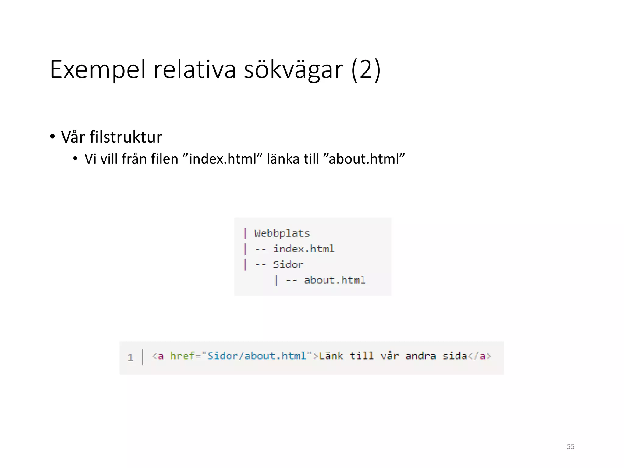 Exempel relativa sökvägar (2)
• Vår filstruktur
• Vi vill från filen ”index.html” länka till ”about.html”
55
 