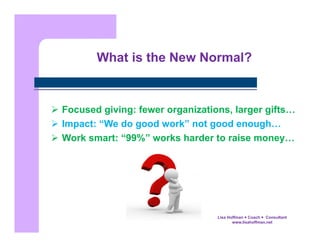 What is the New Normal?

  Focused giving: fewer organizations, larger gifts…
  Impact: “We do good work” not good enough…
  Work smart: “99%” works harder to raise money…

Lisa Hoffman  Coach  Consultant
www.lisahoffman.net

 