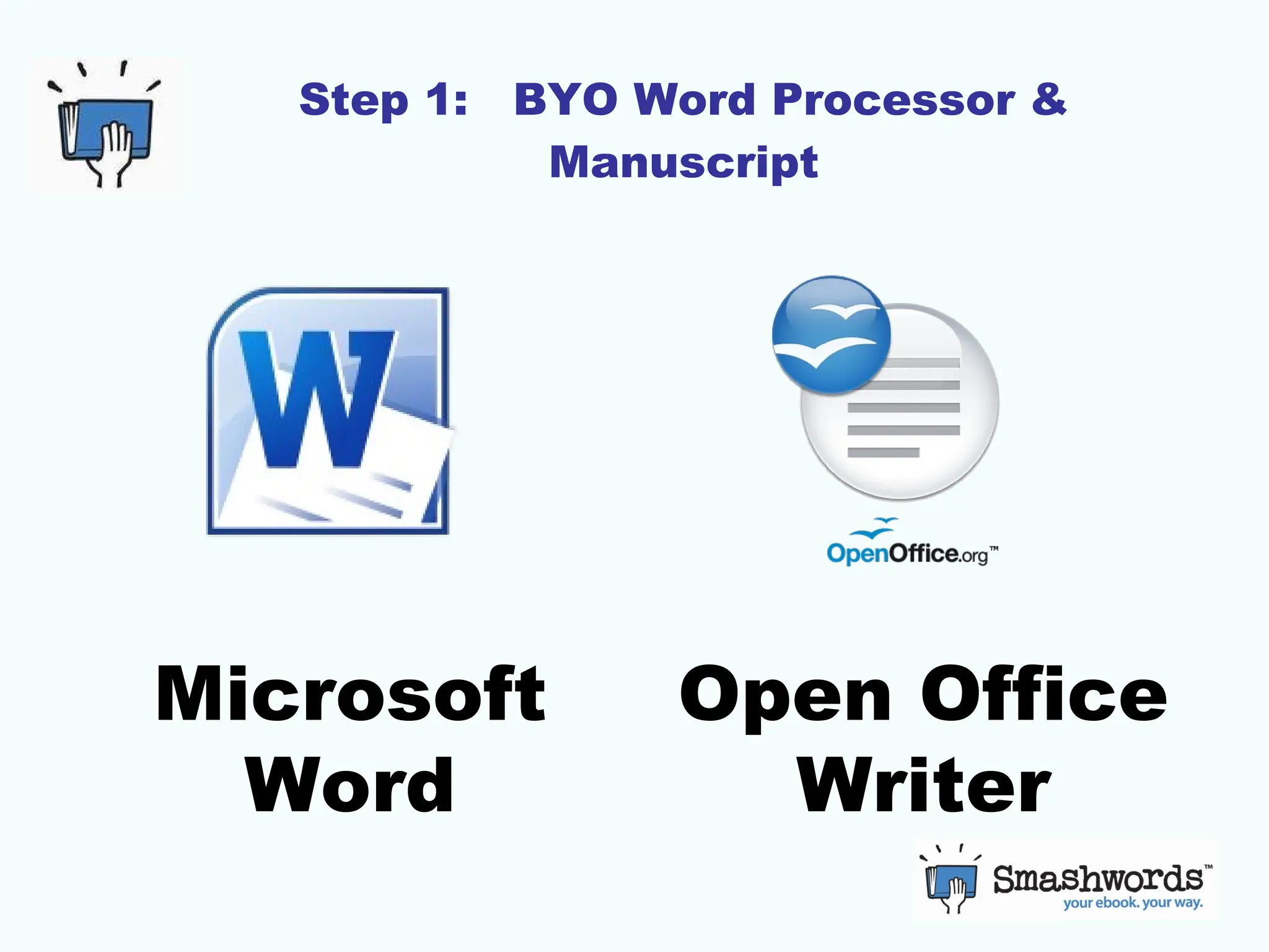 Step 1:  BYO Word Processor & Manuscript Microsoft Word Open Office Writer 