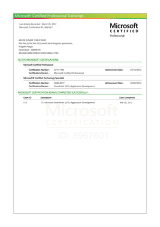Last Activity Recorded : March 05, 2012
Microsoft Certification ID : 8967601
ARJUN KUMAR PARUCHURI
Plot No:26,Flat No:302,Gemini Infra Kingston apartments,
Pragathi Nagar
Hyderabad, 500090 IN
ARJUNKUMAR.PARUCHURI@GMAIL.COM
ACTIVE MICROSOFT CERTIFICATIONS:
Microsoft Certified Professional
Certification Number : F219-1985 Achievement Date : 04/16/2012
Certification/Version : Microsoft Certified Professional
Microsoft® Certified Technology Specialist
Certification Number : D680-0377 Achievement Date : 03/05/2012
Certification/Version : SharePoint 2010, Application Development
MICROSOFT CERTIFICATION EXAMS COMPLETED SUCCESSFULLY :
Exam ID Description Date Completed
573 TS: Microsoft SharePoint 2010, Application Development Mar 05, 2012
 