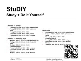 Lynoplæg på fredage
• Fredag d. 13.02.15, kl. 09.15 – 10.00 – Akademisk Arg.
• Fredag d. 27.02.15, kl. 09.15 – 10.00 – Akademisk
Sprog
• Fredag d. 13.03.15, kl. 09.15 – 10.00
• Fredag d. 27.03.15, kl. 09.15 – 10.00 – Analyse
• Fredag d. 24.04.15, kl. 09.15 – 10.00 – Synopsis
Lynoplæg på forskellige dage
• Mandag d. 16.02.15, kl. 14.15 – 15.00 – Akademisk Arg.
• Tirsdag d. 24.02.15, kl. 14.15 – 15.00 – Akademisk
Sprog
• Onsdag d. 18.03.15, kl. 14.15 – 15.00 –
Problemformulering
• Torsdag d. 09.04.15, kl. 14.15 – 15.00 – Analyse
• Fredag d. 17.04.15, kl. 14.15 – 15.00 – Mundtlig
Eksamen
• Mandag d. 27.04.15, kl. 14.15 – 15.00 – Synopsis
Workshops
• Mandag d. 23.02.15, kl. 09.15 – 12.00 – Akademisk Arg.
• Fredag d. 06.03.15, kl. 09.15 – 12.00 – Akademisk
Sprog
• Tirsdag d. 24.03.15, kl. 09.15 – 12.00 –
Problemformulering
• Onsdag d. 15.04.15, kl. 09.15 – 12.00 – Analyse
• Onsdag d. 29.04.15, kl. 10.15 – 13.00 – Mundtlig
Eksamen
• Torsdag d. 30.04.15, kl. 09.15 – 12.00 – Synopsis
Lokaler, til- og framelding:
StuDIY
Study + Do It Yourself
 