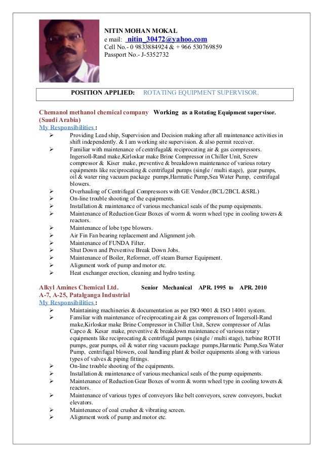 Resume Rotating Equipment Supervisor Resume Rotating Equipment Supervisor