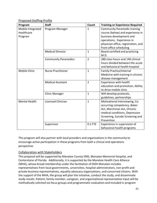 21 
 
Proposed Staffing Profile 
Program  Staff  Count  Training or Experience Required 
Mobile Integrated 
Healthcare 
Program 
Program Manager  1  Community Paramedic training 
course (below) and experience in 
business development and 
operations;  Experience in 
physician office, registration, and 
front office scheduling 
Medical Director  1  Board‐certified and practicing 
M.D. 
Community Paramedics  2  280 class hours and 140 clinical 
hours divided between the acute 
and behavioral health hospital 
Mobile Clinic  Nurse Practitioner  1  Family Practice/Internal 
Medicine with training in chronic 
disease management 
Medical Assistant  2  Experience with health 
education and promotion, Ability 
to drive mobile clinic 
Clinic Manager  1  Will develop protocols, 
guidelines, partnerships 
Mental Health  Licensed Clinician  1  Motivational Interviewing, Co‐
occurring competency, Baker 
Act, Marchman Act, Chronic 
medical conditions, Depression 
Screening, Suicide Screening and 
Prevention 
Supervisor  0.1 FTE  Experience in supervision of 
behavioral health programs 
 
This program will also partner with local providers and organizations in the community to 
encourage active participation in these programs from both a clinical and operations 
perspective.  
Collaboration with Stakeholders 
This proposal will be supported by Manatee County EMS, Manatee Memorial Hospital, and 
Centerstone of Florida.  Additionally, it is supported by the Manatee Health Care Alliance 
(MHA), whose broad membership under the facilitation of DOH‐Manatee includes 
representatives from local governments, universities, hospital administrators, non‐profit and 
private business representatives, equality advocacy organizations, and concerned citizens. With 
the support of the MHA, the group will plan the initiative, conduct the study, and disseminate 
study results. Patient, family member, caregiver, and organizational representative input will be 
methodically solicited via focus groups and programmatic evaluation and included in program 
 
