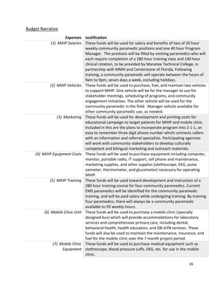 26 
 
Budget Narrative 
Expenses  Justification 
(1) MIHP Salaries  These funds will be used for salary and benefits of two of 20 hour 
weekly community paramedic positions and one 40 hour Program 
Manager.  The positions will be filled by existing paramedics who will 
each require completion of a 280 hour training class and 140 hour 
clinical rotation, to be provided by Manatee Technical College, in 
partnership with MMH and Centerstone of Florida. Following 
training, a community paramedic will operate between the hours of 
9am to 9pm, seven days a week, excluding holidays.  
(2) MIHP Vehicles  These funds will be used to purchase, fuel, and maintain two vehicles 
to support MIHP. One vehicle will be for the manager to use for 
stakeholder meetings, scheduling of programs, and community 
engagement initiatives. The other vehicle will be used for the 
community paramedic in the field.  Manager vehicle available for 
other community paramedic use, as needed. 
(3) Marketing  These funds will be used for development and printing costs for 
educational campaign to target patients for MIHP and mobile clinic.  
Included in this are the plans to incorporate program into 2‐1‐1, an 
easy to remember three digit phone number which connects callers 
with an information and referral specialists. Participating agencies 
will work with community stakeholders to develop culturally 
competent and bilingual marketing and outreach materials. 
(4) MIHP Equipment Costs  These funds will be used to purchase equipment including computer, 
monitor, portable radio, IT support, cell phone and maintenance, 
marketing supplies, and other supplies (stethoscope, EKG, pulse 
oximeter, thermometer, and glucometer) necessary for operating 
MIHP. 
(5) MIHP Training  These funds will be used toward development and instruction of a 
280 hour training course for four community paramedics. Current 
EMS paramedics will be identified for the community paramedic 
training, and will be paid salary while undergoing training. By training 
four paramedics, there will always be a community paramedic 
available to fill weekly hours. 
(6) Mobile Clinic Unit  These funds will be used to purchase a mobile clinic (specially 
designed bus) which will provide accommodations for laboratory 
services and comprehensive primary care, including dental, 
behavioral health, health education, and OB‐GYN services. These 
funds will also be used to maintain the maintenance, insurance, and 
fuel for the mobile clinic over the 7 month project period. 
(7) Mobile Clinic 
Equipment 
These funds will be used to purchase medical equipment such as 
stethoscope, blood pressure cuffs, EKG, etc. for use in the mobile 
clinic. 
 