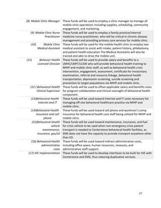 27 
 
(8) Mobile Clinic Manager  These funds will be used to employ a clinic manager to manage all 
mobile clinic operations including supplies, scheduling, community 
engagement, and marketing. 
(9) Mobile Clinic Nurse 
Practitioner 
These funds will be used to employ a family practice/internal 
medicine nurse practitioner, who will be critical in chronic disease 
management and providing primary care services for mobile clinic. 
(10) Mobile Clinic 
Medical Assistant 
These funds will be used for the mobile health clinic to employ two 
medical assistant to assist with intake, patient history, phlebotomy, 
and patient health education The Medical Assistants will also be 
trained and able to drive the mobile unit. 
(11) Behavior Health 
Licensed Clinician 
These funds will be used to provide salary and benefits to a 
LMHC/LMFT/LCSW who will provide behavioral health training to 
MIHP and mobile clinic staff; as well as behavioral health crisis 
intervention, engagement, assessment, certificate for involuntary 
examination, referral and resource linkage, behavioral health 
transportation, depression screening, suicide screening and 
prevention to target populations via MIHP and mobile clinic. 
(12 ) Behavioral Health 
Clinical Supervisor 
These funds will be used to offset applicable salary and benefits costs 
for program collaboration and clinical oversight of behavioral health 
component. 
(13)Behavioral Health 
Internet and IT 
These funds will be used toward internet and IT costs necessary for 
managing off‐site behavioral healthcare practice via MIHP and 
mobile clinic. 
(14)Behavioral Health 
Insurance and cell 
phone 
These funds will be used toward cell phone and workman’s comp 
insurance for behavioral health care staff being utilized for MIHP and 
mobile clinic. 
(15)Behavioral Health 
vehicle 
maintenance, 
insurance, gas/oil 
These funds will be used toward maintenance, insurance, and fuel 
for crisis vehicle to be used when non‐emergency crisis patient 
transport is needed to Centerstone behavioral health facilities, as 
EMS does not have the capacity to provide transport anywhere other 
than ED. 
(16) Behavioral Health 
administrative 
costs 
These funds will be used toward indirect administrative costs, 
including office space, human resources, resouces, and 
administrative staff support. 
(17) HIE Implementation  These funds will be used to develop interfaces to be built for HIE with 
Centerstone and EMS, thus reducing duplicative services. 
 
 
 