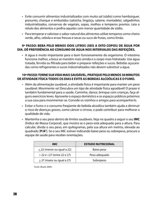 • Evite consumir alimentos industrializados com muito sal (sódio) como hambúrguer,
         presunto, charque e embutidos (salsicha, lingüiça, salame, mortadela), salgadinhos
         industrializados, conservas de vegetais, sopas, molhos e temperos prontos. Leia o
         rótulo dos alimentos e prefira aqueles com menor quantidade de sódio.
       • Para temperar e valorizar o sabor natural dos alimentos utilize temperos como cheiro
         verde, alho, cebola e ervas frescas e secas ou suco de frutas, como limão.

        9º PASSO: BEBA PELO MENOS DOIS LITROS (SEIS A OITO COPOS) DE ÁGUA POR
     DIA. DÊ PREFERÊNCIA AO CONSUMO DE ÁGUA NOS INTERVALOS DAS REFEIÇÕES.
       • A água é muito importante para o bom funcionamento do organismo. O intestino
         funciona melhor, a boca se mantém mais úmida e o corpo mais hidratado. Use água
         tratada, fervida ou filtrada para beber e preparar refeições e sucos. Bebidas açucara-
         das como refrigerantes e sucos industrializados não devem substituir a água.

        10º PASSO: TORNE SUA VIDA MAIS SAUDÁVEL. PRATIQUE PELO MENOS 30 MINUTOS
     DE ATIVIDADE FÍSICA TODOS OS DIAS E EVITE AS BEBIDAS ALCOÓLICAS E O FUMO.
       • Além da alimentação saudável, a atividade física é importante para manter um peso
         saudável. Movimente-se! Descubra um tipo de atividade física agradável! O prazer é
         também fundamental para a saúde. Caminhe, dance, brinque com crianças, faça al-
         guns exercícios leves. Aproveite o espaço doméstico e os espaços públicos próximos
         a sua casa para movimentar-se. Convide os vizinhos e amigos para acompanhá-lo.
       • Evitar o fumo e o consumo freqüente de bebida alcoólica também ajuda a diminuir
         o risco de doenças graves, como câncer e cirrose, e pode contribuir para melhorar a
         qualidade de vida.
       • Mantenha o seu peso dentro de limites saudáveis. Veja no quadro a seguir o seu IMC
         (Índice de Massa Corporal), que mostra se o peso está adequado para a altura. Para
         calcular, divida o seu peso, em quilogramas, pela sua altura em metros, elevada ao
         quadrado [P/A2]. Se o seu IMC estiver indicando baixo peso ou sobrepeso, procure a
         equipe de saúde para receber orientações.

                                         IMC         ESTADO NUTRICIONAL
                     < 22 (menor ou igual a 22)            Baixo peso
                     > 22 e <27 (entre 22 e 27)          Peso adequado
                     > 27 (maior ou igual a 27)            Sobrepeso

                Fonte: (Brasil, 2004).




28
 