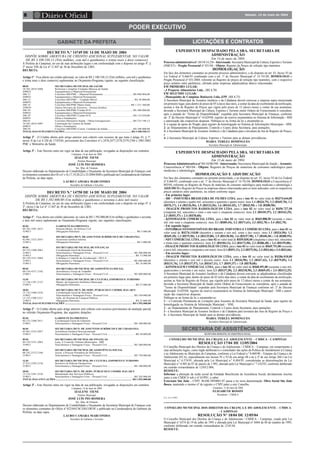 Sábado, 15 de maio de 2004
Diário Oficial8
DECRETO N.º 14749 DE 14 DE MAIO DE 2004
DISPÕE SOBRE ABERTURA DE CRÉDITO ADICIONAL SUPLEMENTAR, NO VALOR
DE R$ 3.100.530,12 (Três milhões, cem mil e quinhentos e trinta reais e doze centavos)
A Prefeita de Campinas, no uso de suas atribuições legais e em conformidade com o disposto no artigo 4º, §
2º inciso VIII da Lei nº 11.847 de 30 de Dezembro de 2.003,
DECRETA:
Artigo 1º - Fica aberto um crédito adicional, no valor de R$ 3.100.530,12 (Três milhões, cem mil e quinhentos
e trinta reais e doze centavos) suplementar ao Orçamento-Programa vigente, na seguinte classificação:
08.01 SECRETARIA MUNICIPAL DE SAÚDE
10.301.2034.3004 Reformar e Ampliar Unidades Básicas de Saúde
449052 Equipamentos e Material Permanente
200.11 Convênio MS/PMC – Material Permanente ........................................... R$ 890.904,00
449052 Equipamentos e Material Permanente
200.13 Convênio MS/PMC – Unidade Móvel ..................................................... R$ 30.000,00
449052 Equipamentos e Material Permanente
200.14 Convênio MS/PMC/Mario Gatti .......................................................... R$ 1.231.360,00
339039 Outros Serviços de Terceiros – Pessoa Jurídica
200.39 Convênio MS/PMC/Cartão SUS ............................................................ R$ 300.000,00
449052 Equipamentos e Material Permanente
200.39 Convênio MS/PMC/Cartão SUS ............................................................ R$ 133.070,00
449051 Obras e Instalações
200.63 Convênio Ministério Saúde – Obras Emergenciais ................................ R$ 275.196,12
10.301.2034.3007 Construção de Centros de Saúde
449051 Obras e Instalações
200.59 Convênio MS/PMC/Constr. Unidades de Saúde .................................... R$ 240.000,00
TOTAL DAS SUPLEMENTAÇÕES ................................................................................................... R$ 3.100.530,12
Artigo 2º - O Crédito aberto pelo artigo anterior será coberto com recursos de que trata o artigo 43, § 1º,
inciso II da Lei 4.320 de 17/03/64, proveniente dos Convênios nº.s 2476,2477,2578,2579,2768 e 2981/2003
PMC e Ministério da Saúde
Artigo 3º - Este Decreto entra em vigor na data de sua publicação, revogadas as disposições em contrário.
Campinas, 14 de maio de 2004
IZALENE TIENE
Prefeita Municipal
JOSÉ LUÍS PIO ROMERA
Sec. Mun. de Finanças
Decreto elaborado no Departamento de Contabilidade e Orçamento da Secretaria Municipal de Finanças com
os elementos constantes dos Of.s nº.s 16,17,19,20,22 e 23/2004/SMS e publicado na Coordenadoria de Gabinete
da Prefeita, na data supra.
LAURO CAMARA MARCONDES
Secretário de Gabinete e Governo
DECRETO N.º 14750 DE 14 DE MAIO DE 2004
DISPÕE SOBRE ABERTURA DE CRÉDITO ADICIONAL SUPLEMENTAR, NO VALOR
DE R$ 1.592.000,00 (Um milhão e quinhentos e noventa e dois mil reais)
A Prefeita de Campinas, no uso de suas atribuições legais e em conformidade com o disposto no artigo 4º, §
2º, inciso I da Lei nº 11.847 de 30 de Dezembro de 2.003,
DECRETA:
Artigo 1º - Fica aberto um crédito adicional, no valor de R$ 1.592.000,00 (Um milhão e quinhentos e noventa
e dois mil reais) suplementar ao Orçamento-Programa vigente, nas seguintes classificações:
02.01 GABINETE DA PREFEITA
04.182.3301.2012 Sistema Munic. de Defesa Civil
319013 Obrigações Patronais .................................................................................. R$ 5.000,00
04.01 SECRETARIA MUN. DE ASSUNTOS JURÍDICOS E DE CIDADANIA
02.061.3323.2055 Assessoria Jurídica Interna
319013 Obrigações Patronais .................................................................................. R$ 3.000,00
05.01 SECRETARIA MUNICIPAL DE FINANÇAS
04.122.3300.2061 Coordenação Geral da Secretaria
319011 Vencimentos e Vantagens Fixas – Pessoal Civil .................................... R$ 300.000,00
319013 Obrigações Patronais ................................................................................ R$ 71.000,00
04.129.3331.2064 Cobrança e Controle de Arredacação - DCCA
319011 Vencimentos e Vantagens Fixas – Pessoal Civil .................................... R$ 400.000,00
319013 Obrigações Patronais ................................................................................ R$ 14.000,00
09.01 SECRETARIA MUNICIPAL DE ASSISTÊNCIA SOCIAL
08.334.4371.2102 Assistência a Força de Trabalho
319011 Vencimentos e Vantagens Fixas – Pessoal Civil .................................... R$ 400.000,00
11.01 SECRETARIA MUNICIPAL DE CULTURA, ESPORTES E TURISMO
13.126.1391.2153 Manut. da Orquestra Sinfônica Municipal
319013 Obrigações Patronais ................................................................................ R$ 27.000,00
20.01 SECRETARIA MUN. DE SERV. PÚBLICOS E COORD. DAS AR’S
15.122.3300.2334 Coordenação Geral da Secretaria
319011 Vencimentos e Vantagens Fixas – Pessoal Civil .................................... R$ 350.000,00
15.122.5300.2331 Adm. do Sistema de Limpeza Pública
319013 Obrigações Patronais ................................................................................ R$ 22.000,00
TOTAL DAS SUPLEMENTAÇÕES .................................................................................................... R$ 1.592.000,00
Artigo 2º - O Crédito aberto pelo artigo anterior será coberto com recursos provenientes da anulação parcial
no referido Orçamento-Programa, das seguintes dotações:
02.01 GABINETE DA PREFEITA
04.122.3300.2011 Coordenação Geral do Gabinete
319011 Vencimentos e Vantagens Fixas – Pessoal Civil ...................................... R$ 100.000,00
04.01 SECRETARIA MUN. DE ASSUNTOS JURÍDICOS E DE CIDADANIA
02.061.2323.2057 Assistência Jurídica Desconcentrada
319011 Vencimentos e Vantagens Fixas – Pessoal Civil ........................................ R$ 50.000,00
05.01 SECRETARIA MUNICIPAL DE FINANÇAS
04.129.3331.2063 Lanç. E Controle Tributos Municipais - DRI
319011 Vencimentos e Vantagens Fixas – Pessoal Civil ...................................... R$ 300.000,00
09.01 SECRETARIA MUNICIPAL DE ASSISTÊNCIA SOCIAL
08.242.2372.2104 Assist. a Pessoas Portadora de Deficência
319011 Vencimentos e Vantagens Fixas – Pessoal Civil ...................................... R$ 750.000,00
11.01 SECRETARIA MUNICIPAL DE CULTURA, ESPORTES E TURISMO
27.813.2392.2156 Incentivo às Práticas Desportivas
319011 Vencimentos e Vantagens Fixas – Pessoal Civil ...................................... R$ 100.000,00
20.01 SECRETARIA MUN. DE SERV. PÚBLICOS E COORD. DAS AR’S
15.122.3381.2336 Manutenção dos Serviços Públicos
319011 Vencimentos e Vantagens Fixas – Pessoal Civil ...................................... R$ 292.000,00
TOTAL DAS ANULAÇÕES .................................................................................................................. R$ 1.592.000,00
Artigo 3º - Este Decreto entra em vigor na data de sua publicação, revogadas as disposições em contrário.
Campinas, 14 de maio de 2004
IZALENE TIENE
Prefeita Municipal
JOSÉ LUÍS PIO ROMERA
Sec. Mun. de Finanças
Decreto elaborado no Departamento de Contabilidade e Orçamento da Secretaria Municipal de Finanças com
os elementos constantes do Ofício nº 022/04/CSC/DECOR/SF e publicado na Coordenadoria de Gabinete da
Prefeita, na data supra.
LAURO CAMARA MARCONDES
Secretário de Gabinete e Governo
EXPEDIENTE DESPACHADO PELA SRA. SECRETARIA DE
ADMINISTRAÇÃO
Em 14 de maio de 2004
Processo administrativo nº. 04/10/14.256 - Interessado: Secretaria Municipal de Cultura, Esportes e Turismo
(SMCET) - Pregão Presencial nº 031/04 - Objeto: Registro de Preços de refeição tipo marmitex
HOMOLOGAÇÃO
Em face dos elementos constantes no presente processo administrativo, e do disposto no art. 43, Inciso VI da
Lei Federal nº 8.666/93 combinado com o art. 1º do Decreto Municipal nº 14.741/04, HOMOLOGO o
Pregão Presencial nº 031/2004, referente ao Registro de preços de refeição tipo marmitex, com o respectivo
preço unitário entre parênteses, ofertado pelas empresas adjudicatárias abaixo relacionadas:
EM PRIMEIRO LUGAR:
-.J Preparos Alimentícios Ltda., (R$ 8,70)
EM SEGUNDO LUGAR:
-.Manequinho de Campinas Rotisserie Ltda.-EPP, (R$ 8,75)
A Secretaria Municipal de Assuntos Jurídicos e da Cidadania deverá convocar a empresa supra mencionada
em primeiro lugar, para dentro do prazo de 05 (cinco) dias úteis, a contar da data do recebimento da notificação,
assinar a Ata de Registro de Preços que vigerá pelo prazo de 12 (doze) meses a contar de sua assinatura,
devendo a Secretaria Municipal de Cultura, Esportes e Turismo emitir Ordens de Fornecimento à vencedora,
após a juntada do “Termo de Disponibilidade” expedido pela Secretaria Municipal de Finanças, conforme
art. 2º do Decreto Municipal nº 14.629/04, registro da reserva orçamentária no Sistema de Informação - SIM
e autorização das respectivas despesas. Publique-se na forma da lei e encaminhe-se:
1- à equipe de apoio do Pregão, para registro da homologação no Sistema de Informações Municipais - SIM;
2- ao Departamento de Planejamento, Controle e Custos desta Secretaria, para anotações;
3- à Secretaria Municipal de Assuntos Jurídicos e da Cidadania para a lavratura da Ata de Registro de Preços,
e
4- à Secretaria Municipal de Cultura, Esportes e Turismo para as demais providências.
MARIA TEREZA DOMINGUES
Secretária Municipal de Administração
EXPEDIENTE DESPACHADO PELA SRA. SECRETARIA DE
ADMINISTRAÇÃO
Em 13 de maio de 2004
ProcessoAdministrativo nº 04/10/00198 - Interessado: Secretaria Municipal de Saúde - Assunto:
Concorrência nº 003/04 - Objeto: Registro de Preços de materiais de consumo radiológico para
medicina e odontologia.
HOMOLOGAÇÃO E ADJUDICAÇÃO
Em face dos elementos constantes no presente protocolado, e ao disposto no art. 43, inciso VI da Lei Federal
nº 8.666/93, combinado com o art. 1º do Decreto Municipal nº 14.741/04, HOMOLOGO a Concorrência nº
003/04, referente ao Registro de Preços de materiais de consumo radiológico para medicina e odontologia e
ADJUDICO o Registro de Preços às empresas abaixo relacionadas para os itens indicados, com os respectivos
preços unitários entre parênteses, na ordem conforme segue:
- Em primeiro lugar:
- IBF – INDÚSTRIA BRASILEIRA DE FILMES LTDA. para o lote 01 no valor total de R$274.644,00
(duzentos e setenta e quatro mil, seiscentos e quarenta e quatro reais): itens 1.1 (R$24,75), 1.2 (R$45,70), 1.3
(R$76,17), 1.4 (R$126,96), 1.5 (R$132,56), 1.6 (R$161,02), 1.7 (R$43,50) e 1.8 (R$80,50);
- IMAGEM PRODUTOS RADIOLÓGICOS LTDA. para o lote 02 no valor total de R$50.727,50
(cinqüenta mil, setecentos e vinte e sete reais e cinqüenta centavos): itens 2.1 (R$101,97), 2.2 (R$162,29),
2.3 (R$51,57) e 2.4 (R$78,68);
- KONIMAGEM COMERCIAL LTDA. para o lote 03 no valor total de R$65.008,50 (sessenta e cinco
mil, oito reais e cinqüenta centavos): itens 3.1 (R$85,44), 3.2 (R$71,61), 3.3 (R$2,70) e 3.4 (R$2,70).
- Em segundo lugar:
- FOTOBRAS FOTOSSENSÍVEIS DO BRASIL INDÚSTRIA E COMÉRCIO LTDA. para o lote 01 no
valor total de R$276.110,00 (duzentos e setenta e seis mil, cento e dez reais): itens 1.1 (R$24,50); 1.2
(R$45,30), 1.3 (R$75,50), 1.4 (R$125,80), 1.5 (R$128,50), 1.6 (R$157,90), 1.7 (R$48,30) e 1.8 (R$88,55);
- NDT COMERCIAL LTDA. para o lote 02 no valor total de R$55.830,40 (cinqüenta e cinco mil, oitocentos
e trinta reais e quarenta centavos): itens 2.1 (R$104,12), 2.2 (R$173,50), 2.3 (R$86,48) e 2.4 (R$155,00);
- IMAGEM PRODUTOS RADIOLÓGICOS LTDA. para o lote 03 no valor total de R$69.751,00 (sessenta
e nove mil, setecentos e cinqüenta e um reais): itens 3.1 (R$91,11), 3.2 (R$75,56), 3.3 (R$3,66) e 3.4 (R$3,66).
- Em terceiro lugar:
- IMAGEM PRODUTOS RADIOLÓGICOS LTDA. para o lote 01 no valor total de R$286.018,00
(duzentos e oitenta e seis mil e dezoito reais): itens 1.1 (R$26,90); 1.2 (R$47,43), 1.3 (R$79,05), 1.4
(R$131,76), 1.5 (R$137,57), 1.6 (R$167,11), 1.7 (R$51,57) e 1.8 (R$78,68);
- KONIMAGEM COMERCIAL LTDA. para o lote 02 no valor total de R$68.491,00 (sessenta e oito mil,
quatrocentos e noventa e um reais): itens 2.1 (R$137,30), 2.2 (R$218,50), 2.3 (R$69,45) e 2.4 (R$112,25).
A Secretaria Municipal de Assuntos Jurídicos e da Cidadania deverá convocar as adjudicatárias classificadas
em primeiro lugar para, dentro do prazo de 03 (três) dias úteis, a contar da data de recebimento da notificação,
assinar as Atas de Registro de Preços, que vigerão pelo prazo de 12 (doze) meses a contar de sua assinatura,
devendo a Secretaria Municipal de Saúde emitir Ordens de Fornecimento às vencedoras, após a juntada do
“Termo de Disponibilidade” expedido pela Secretaria Municipal de Finanças conforme art. 2º do Decreto
Municipal 14.629/04, registro da reserva orçamentária no Sistema de Informação Municipal - SIM e autori-
zação das respectivas despesas.
Publique-se na forma da lei e encaminhe-se:
1 – a Comissão Permanente de Licitações para Assuntos da Secretaria Municipal de Saúde, para registro da
homologação no Sistema de Informação Municipal – SIM;
2 - ao Departamento de Planejamento, Controle e Custos desta Secretaria, para anotações;
3 - à Secretaria Municipal de Assuntos Jurídicos e da Cidadania para lavratura das Atas de Registro de Preços e
4 - à Secretaria Municipal de Saúde para as demais providências.
MARIA TEREZA DOMINGUES
Secretária Municipal de Administração
CONSELHO MUNICIPAL DA CRIANÇA E ADOLESCENTE – CMDCA - CAMPINAS
RESOLUÇÃO 17/04 DE 12/05/2004
O Conselho Municipal dos Direitos da Criança e do Adolescente / CMDCA – Campinas, em cumprimento a
suas atribuições legais, como órgão deliberativo e controlador das ações da Política de Atendimento à Criança
e ao Adolescente no Município de Campinas, conforme a Lei Federal n.º 8.069/90 – Estatuto da Criança e do
Adolescente (ECA), especialmente nos incisos IV e VI de seu artigo 88 e no § 2º de seu Artigo 260 e na Lei
Municipal n.º 6.574/91, alterada pela Lei Municipal n.º 8.484/95; consideradas as determinações da Lei
Municipal n.º 6.905 de 07 de janeiro de 1.992, alterada pela Lei Municipal n.º 7.432/93, conforme deliberado
em reunião extraordinária de 12/05/2.004,
RESOLVE:
Informar a alteração da razão social da Entidade Beneficente de Assistência Social, devidamente inscrita
junto a este CMDCA sob o nº 65/P01, a saber:
Externato São João – CNPJ: 46.046.389/0001-07 passa a ter nova denominação: Obra Social São João
Bosco, mantendo o mesmo nº de registro e CNPJ junto a este Conselho.
Campinas, 12 de maio de 2004
ELIZABETH ROSSIN
Presidente – CMDCA
(13, 14 e 15/05)
CONSELHO MUNICIPAL DOS DIREITOS DA CRIANÇA E DO ADOLESCENTE – CMDCA
– CAMPINAS
RESOLUÇÃO N° 18/04 DE 12/05/04
O Conselho Municipal dos Direitos da Criança e do Adolescente / CMDCA – Campinas, criado pela Lei
Municipal n° 6574 de 19 de julho de 1991 e alterada pela Lei Municipal n° 8484 de 04 de outubro de 1995,
conforme deliberado em reunião extraordinária de 12.05.04,
RESOLVE:
 