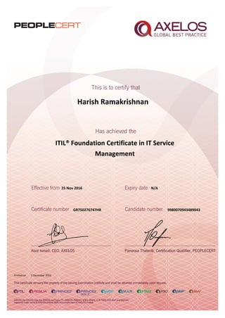 Harish Ramakrishnan
ITIL® Foundation Certificate in IT Service
Management
25 Nov 2016
GR750276747HR
Printed on 3 December 2016
N/A
9980070943489043