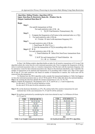 An Approach for Privacy Preserving in Association Rule Mining Using Data Restriction
www.ijesi.org 30 | P a g e
Algorithm: Sliding Window Algorithm (SWA)
Input: Data Base D, Restrictive Rules Rr , Window Size K.
Output: Sanitized Data Base D1
Begin
Step 1:
For each K transactions in D do
For each restrictive rule r € Rr do
1. T[r]  Find Sensitive Transactions(r, D);
Step 2:
1. Compute the frequencies of all items in the restricted rules w.r.t T[r]
2. For each restrictive rule r € Rr do
4.1. Victimr  item I with maximum frequency I € r
Step 3:
For each restrictive rule r € Rr do
1. NumTransr  (T[r] *(1-µ )
2. Sort the transactions of T[r] in ascending order of size.
Step 4: D1
 D
For each restrictive rule r € Rr do
1. TransToSanitize  Select first NumTransr transactions from
T[r]
2. In D1
for each transaction t € TransToSanitize do
3.1. t  (t - Victimr)
EndIn Step 1 the Sliding window algorithm builds an index for all sensitive transactions in D. In step 2 the
algorithm selects the victim item for every restricted association rule. First it computes the frequencies of all the
items in restricted association rules w.r.t sensitive transactions T[r].The item with the maximum frequency will
be selected as victim for that restricted association rule. Based on the disclosure threshold µ step 3 identifies the
number of transactions to be sanitized and transactions of in ascending order of their sizes. Step 4 first copies
the D into D1
.For each restrictive rule based on number of transactions to sanitize, the victim item will be
removed from the transactions.
To illustrate how the SWA algorithm works consider the transactional database in Table 2(a).Suppose
we have the restricted association rules as {(I1,I2  I4) and (I3  I4)}.Table 2(b) shows the sanitized database.
Step 1: By scanning the data base identify the sensitive transactions as {T1, T3, T5, T6}.
Step 2: Compute the frequencies. The frequency of I1, I2, I3, and I4 are 2, 3, 3 and 4 respectively.
For the rule I1, I2  I4, I4 will be selected as victim.
For the rule I3  I4 also I4 will be selected as victim.
Step 3: We set the disclosure threshold µ as 25%. We sanitize half of the sensitive transactions for each
restricted rule. In this case transactions T3, T5 and T6 will be sanitized.
Step 4: We perform sanitization by considering the victim item selected in step 2 i.e I4.Remove I4 from
T3, T5 and T6.
Table 2: (a) Sample transactional database (b) Sanitized database with SWA algorithm.
 