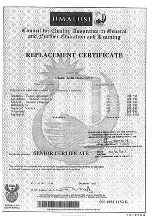 Matric certificate