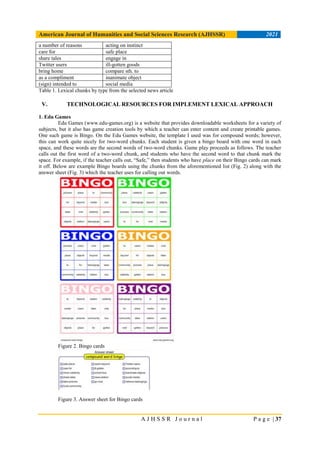 American Journal of Humanities and Social Sciences Research (AJHSSR) 2021
A J H S S R J o u r n a l P a g e | 37
a number of reasons acting on instinct
care for safe place
share tales engage in
Twitter users ill-gotten goods
bring home compare sth. to
as a compliment inanimate object
(sign) intended to social media
Table 1. Lexical chunks by type from the selected news article
V. TECHNOLOGICAL RESOURCES FOR IMPLEMENT LEXICAL APPROACH
1. Edu Games
Edu Games (www.edu-games.org) is a website that provides downloadable worksheets for a variety of
subjects, but it also has game creation tools by which a teacher can enter content and create printable games.
One such game is Bingo. On the Edu Games website, the template I used was for compound words; however,
this can work quite nicely for two-word chunks. Each student is given a bingo board with one word in each
space, and these words are the second words of two-word chunks. Game play proceeds as follows. The teacher
calls out the first word of a two-word chunk, and students who have the second word to that chunk mark the
space. For example, if the teacher calls out, “Safe,” then students who have place on their Bingo cards can mark
it off. Below are example Bingo boards using the chunks from the aforementioned list (Fig. 2) along with the
answer sheet (Fig. 3) which the teacher uses for calling out words.
Figure 2. Bingo cards
Figure 3. Answer sheet for Bingo cards
 
