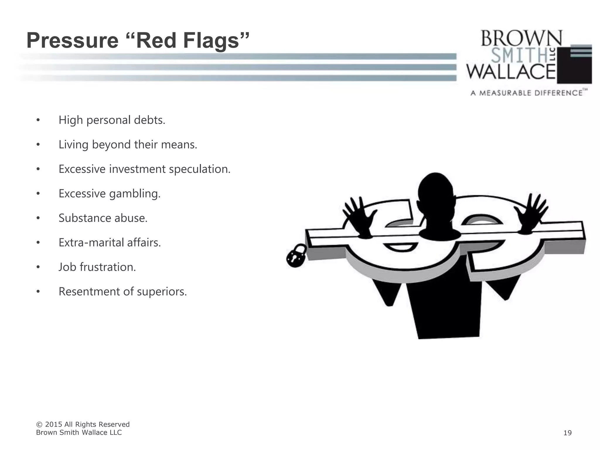 • High personal debts.
• Living beyond their means.
• Excessive investment speculation.
• Excessive gambling.
• Substance abuse.
• Extra-marital affairs.
• Job frustration.
• Resentment of superiors.
Pressure “Red Flags”
© 2015 All Rights Reserved
Brown Smith Wallace LLC 19
 