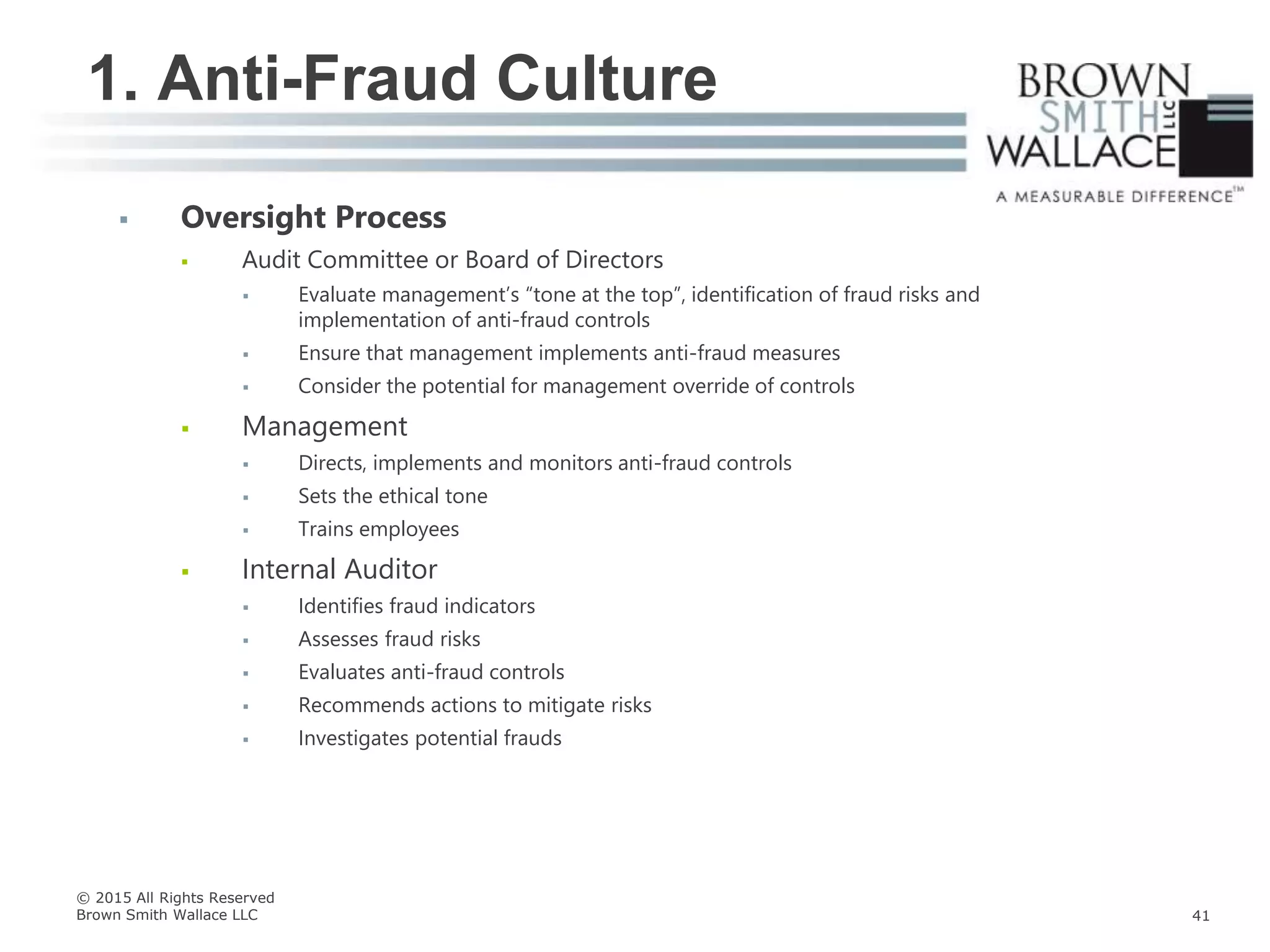  Oversight Process
 Audit Committee or Board of Directors
 Evaluate management’s “tone at the top”, identification of fraud risks and
implementation of anti-fraud controls
 Ensure that management implements anti-fraud measures
 Consider the potential for management override of controls
 Management
 Directs, implements and monitors anti-fraud controls
 Sets the ethical tone
 Trains employees
 Internal Auditor
 Identifies fraud indicators
 Assesses fraud risks
 Evaluates anti-fraud controls
 Recommends actions to mitigate risks
 Investigates potential frauds
1. Anti-Fraud Culture
© 2015 All Rights Reserved
Brown Smith Wallace LLC 41
 