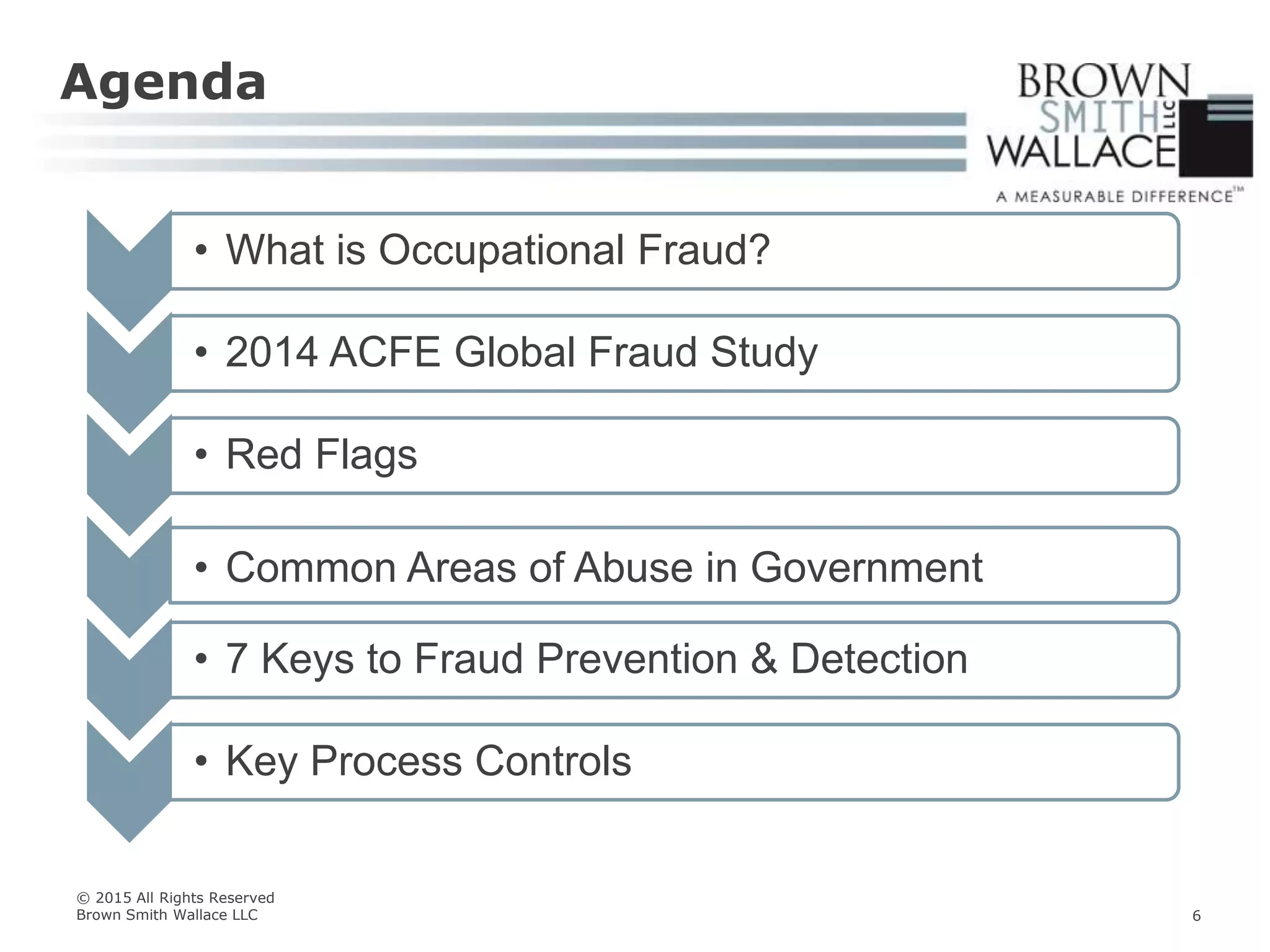Agenda
© 2015 All Rights Reserved
Brown Smith Wallace LLC
• What is Occupational Fraud?
• 2014 ACFE Global Fraud Study
• Red Flags
• Common Areas of Abuse in Government
• 7 Keys to Fraud Prevention & Detection
• Key Process Controls
6
 