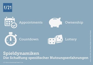 f/21 ▪ Büro für Zukunftsfragen | www.f-21.de
f/21f/21
f/21 ▪ Büro für Zukunftsfragen | www.f-21.de
Icons:DrewEllis,SamyMenai,SimpleIcons;NounProject
Spieldynamiken
Die Schaffung spezifischer Nutzungserfahrungen
Appointments
Countdown
Ownership
Lottery
 
