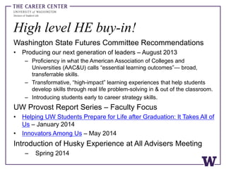 High level HE buy-in!
Washington State Futures Committee Recommendations
• Producing our next generation of leaders – August 2013
– Proficiency in what the American Association of Colleges and
Universities (AAC&U) calls “essential learning outcomes”— broad,
transferrable skills.
– Transformative, “high-impact” learning experiences that help students
develop skills through real life problem-solving in & out of the classroom.
– Introducing students early to career strategy skills.
UW Provost Report Series – Faculty Focus
• Helping UW Students Prepare for Life after Graduation: It Takes All of
Us – January 2014
• Innovators Among Us – May 2014
Introduction of Husky Experience at All Advisers Meeting
– Spring 2014
 