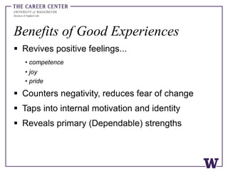 Benefits of Good Experiences
 Revives positive feelings...
• competence
• joy
• pride
 Counters negativity, reduces fear of change
 Taps into internal motivation and identity
 Reveals primary (Dependable) strengths
 