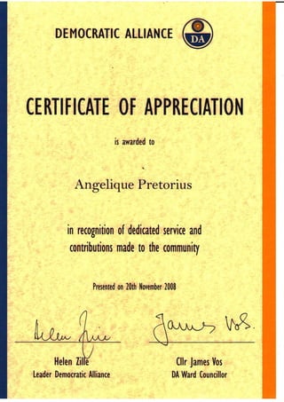 Democratic Alliance - Certificate of Appreciation - November 2008
