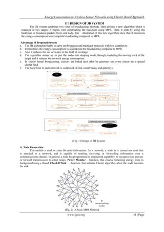 Energy Conservation in Wireless Sensor Networks using Cluster-Based Approach
www.ijres.org 34 | Page
III. DESIGN OF 3B SYSTEM
The 3B system combines two types of broadcasting methods. Here defines a new algorithm which is
executed in two stages: It begins with constructing the backbone using MPR. Then, it ends by using this
backbone to broadcast packets from sink node. The illustration of this new algorithm show that it minimizes
the energy consumption to accomplish broadcasting compared to MPR.
Advantage of Proposed System
a. The 3B architecture helps to carry out broadcast and multicast protocols with low complexity.
b. It minimizes the energy consumption to accomplish the broadcasting compared to MPR.
c. Also it reduces the no. of nodes in the field of coverage.
d. The algorithm wakes up or put the nodes into sleeping mode, through predicting the moving track of the
target and it reduces the network energy consumption.
e. In cluster based broadcasting, clusters are linked each other by gateways and every cluster has a special
cluster head.
f. The back bone in such network is composed of root, cluster head, and gateways.
(Fig. 1) Design of 3B System
A. Node Generation
This module is used to create the node information. In a network, a node is a connection point that
is attached to a network, and is capable of sending, receiving, or forwarding information over a
communications channel. In general, a node has programmed or engineered capability, to recognize and process
or forward transmissions to other nodes, Power Monitor – function, that checks remaining energy, runs in
background using a thread. Check If Sink –function, that initiates Cluster algorithm when the node becomes
the sink.
(Fig. 2) A basic MPR Network
 