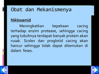 Obat dan Mekanismenya
Niklosamid
Meningkatkan kepekaan cacing
terhadap enzim protease, sehingga cacing
yang tubuhnya terdapat banyak protein akan
rusak. Scolex dan proglotid cacing akan
hancur sehingga tidak dapat ditemukan di
dalam feses.
 