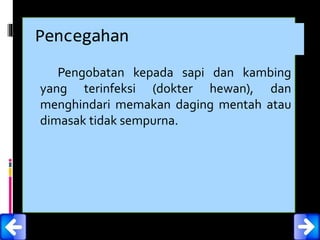 Pencegahan
Pengobatan kepada sapi dan kambing
yang terinfeksi (dokter hewan), dan
menghindari memakan daging mentah atau
dimasak tidak sempurna.
 