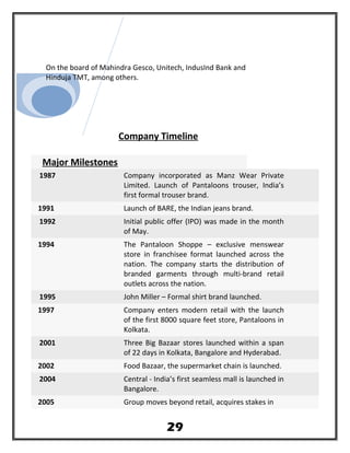 On the board of Mahindra Gesco, Unitech, IndusInd Bank and
Hinduja TMT, among others.
Company Timeline
Major Milestones
1987 Company incorporated as Manz Wear Private
Limited. Launch of Pantaloons trouser, India’s
first formal trouser brand.
1991 Launch of BARE, the Indian jeans brand.
1992 Initial public offer (IPO) was made in the month
of May.
1994 The Pantaloon Shoppe – exclusive menswear
store in franchisee format launched across the
nation. The company starts the distribution of
branded garments through multi-brand retail
outlets across the nation.
1995 John Miller – Formal shirt brand launched.
1997 Company enters modern retail with the launch
of the first 8000 square feet store, Pantaloons in
Kolkata.
2001 Three Big Bazaar stores launched within a span
of 22 days in Kolkata, Bangalore and Hyderabad.
2002 Food Bazaar, the supermarket chain is launched.
2004 Central - India’s first seamless mall is launched in
Bangalore.
2005 Group moves beyond retail, acquires stakes in
29
 