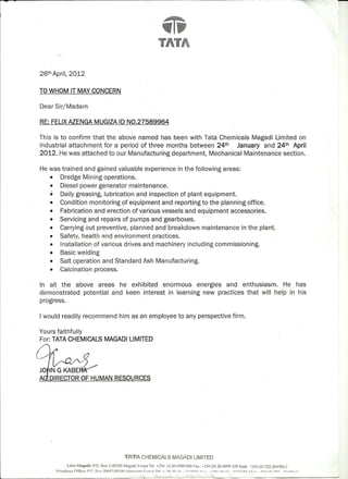 Recommendation Letter from Tata Chemicals Magadi Kenya