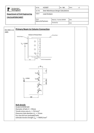 Department of Civil Engineering 
CALCULATION SHEET 
Based on SCI calculation sheet 
Job No. H23S07 Rev NA Sheet of 
Job Title Steel Warehouse Design Calculations 
Subject Load Analysis 
Client: 
Atkins & Partners 
Made by: Ruchika-009508 Date 
Checked by: Date 
EN 1993-1-8: 
2005 
Primary Beam to Column Connection 
Bolt details 
Grade 8.8 M30 bolt 
Diameter of bolt 
Tensile stress area 
Clearance hole diameter 
For class 8.8 non preloaded bolts 
Ultimate tensile strength 
 