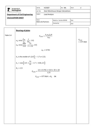 Department of Civil Engineering 
CALCULATION SHEET 
Based on SCI calculation sheet 
Job No. H23S07 Rev NA Sheet of 
Job Title Steel Warehouse Design Calculations 
Subject Load Analysis 
Client: 
Atkins & Partners 
Made by: Ruchika-009508 Date 
Checked by: Date 
Table 3.4 
Bearing of plate 
is the smaller of 
OK 
 