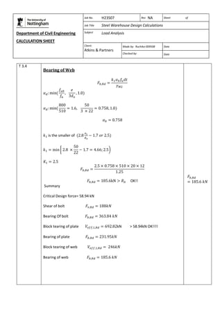 Department of Civil Engineering 
CALCULATION SHEET 
Based on SCI calculation sheet 
Job No. H23S07 Rev NA Sheet of 
Job Title Steel Warehouse Design Calculations 
Subject Load Analysis 
Client: 
Atkins & Partners 
Made by: Ruchika-009508 Date 
Checked by: Date 
T 3.4 
Bearing of Web 
is the smaller of 
OK!! 
Summary 
Critical Design force= 58.94 kN 
Shear of bolt 
Bearing Of bolt 
Block tearing of plate kN > 58.94kN OK!!!! 
Bearing of plate 
Block tearing of web 
Bearing of web 
 