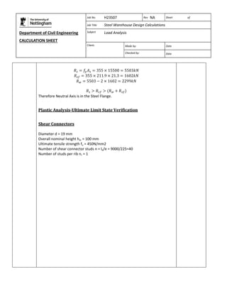 Department of Civil Engineering 
CALCULATION SHEET 
Based on SCI calculation sheet 
Job No. H23S07 Rev NA Sheet of 
Job Title Steel Warehouse Design Calculations 
Subject Load Analysis 
Client: 
Made by: Date 
Checked by: Date 
Therefore Neutral Axis is in the Steel Flange. 
Plastic Analysis-Ultimate Limit State Verification 
Shear Connectors 
Diameter d = 19 mm 
Overall nominal height hsc = 100 mm 
Ultimate tensile strength fu = 450N/mm2 
Number of shear connector studs n = le/e = 9000/225=40 
Number of studs per rib nr = 1 
 