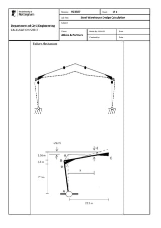 Department of Civil Engineering 
CALCULATION SHEET 
Failure Mechanism 
Module: H23S07 Sheet of x 
Job Title Steel Warehouse Design Calculation 
Subject 
Made By: 009435 Date 
Checked by: Date 
Client: 
Atkins & Partners 
 