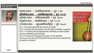 Mr Nanda Mohan Shenoy
CDPSE, CISA ,CAIIB
<21>
प्रर्मोऽध्यायः - परभक्तिस्िरूपम ् । सूत्र १-२४
द्वितीयोऽध्यायः - परभक्ततमहत्त्िम ् । सूत्र २५-३३
िृिीयोऽध्यायः - भक्तिसाधनातन । सूत्र ३४-५०
चिुर्ोऽध्यायः - प्रेमतनिाचनम् । सूत्र ५१-६६
पञ्चमोऽध्यायः - मुख्यभक्तिमदहमा । सूत्र ६७-८४
Ch-1 24 sutras deal with the nature of bhakti
Ch-2 9 sutras (25-33) explain why the path of bhakti is superior
Ch-3 17 sutras (34-50) describe the methods by which bhakti
can be cultivated and practiced
Ch-4 16 sutras (51-66) gives the sign of true devotion
Ch-5 Last 18 sutras (67-84) glorify those who have reached the
pinnacle of devotion
Quick Recap-1
 