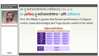 Mr Nanda Mohan Shenoy
CDPSE, CISA ,CAIIB
<22>
सा िु कमाज्ञानयोगेभ्योऽप्यधधकिरा। २५- २.०१
सा (भक्ति) िु कमाज्ञानयोगेभ्यः5 अवप अधधकिरा
Now this Bhakti is greater than Karma (performance of religious
works), Jnana (knowledge) and Yoga (mystic control of the mind)
 