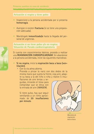 Primeros auxilios en caso de accidente

Actuación si respira y tiene pulso
•	 Inspeccione a la persona accidentada por si presenta
hemorragia.
•	 Averigüe si existen fracturas (si se tiene una preparación adecuada).
•	 Manténgale inmovilizado/a hasta la llegada del personal de urgencias.
Actuación si no tiene pulso y/o no respira:
Situación de Parada cardiorrespiratoria
Si cuenta con conocimientos básicos, proceda a realizar
una REANIMACIÓN CARDIOPULMONAR. Sin abandonar
a la persona accidentada, inicie las siguientes maniobras:

28

•	 Si no respira, inicie la respiración boca a boca (ventilación).
•	 Con la vía aérea abierta.
	 Proceda a pinzar la nariz con dos dedos de la
misma mano que sujeta la frente, coja aire, adapte su boca a la del niño o niña y realice 5 insuflaciones de aire lentas y seguidas, mirando el tórax para
comprobar que se eleva con
la entrada de aire (IMAGEN).
	 Si tiene pulso, hay que seguir
ventilando a un ritmo aproximado de 20 insuflaciones
por minuto.

Maniobra de
respiración
boca a boca.

Guía para la Prevención de Accidentes en Centros Escolares

Maq_GuiaAccCentrEscol_v4ok.indd 28

1/4/08 19:06:47

 