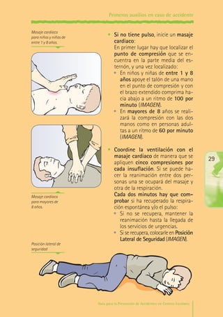 Primeros auxilios en caso de accidente
Masaje cardiaco
para niños y niñas de
entre 1 y 8 años.

Masaje cardiaco
para mayores de
8 años.

Posición lateral de
seguridad

•	 Si no tiene pulso, inicie un masaje
cardiaco:
	 En primer lugar hay que localizar el
punto de compresión que se encuentra en la parte media del esternón, y una vez localizado:
•	 En niños y niñas de entre 1 y 8
años apoye el talón de una mano
en el punto de compresión y con
el brazo extendido comprima hacia abajo a un ritmo de 100 por
minuto (IMAGEN).
•	 En mayores de 8 años se realizará la compresión con las dos
manos como en personas adultas a un ritmo de 60 por minuto
(IMAGEN).
•	 Coordine la ventilación con el
masaje cardiaco de manera que se
apliquen cinco compresiones por
cada insuflación. Si se puede hacer la reanimación entre dos personas una se ocupará del masaje y
otra de la respiración.
	 Cada dos minutos hay que comprobar si ha recuperado la respiración espontánea y/o el pulso:
•	 Si no se recupera, mantener la
reanimación hasta la llegada de
los servicios de urgencias.
•	 Si se recupera, colocarle en Posición
Lateral de Seguridad (IMAGEN).

29

Guía para la Prevención de Accidentes en Centros Escolares

Maq_GuiaAccCentrEscol_v4ok.indd 29

1/4/08 19:06:48

 
