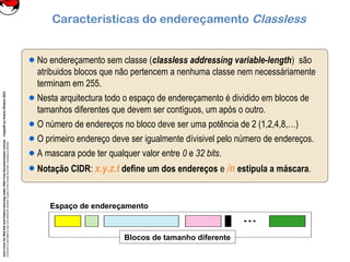 CoreLinuxforRedHatandFedoralearningunderGNUFreeDocumentationLicense-Copyleft(c)AcácioOliveira2012
Everyoneispermittedtocopyanddistributeverbatimcopiesofthislicensedocument,changingisallowed
Caracteristicas do endereçamento Classless
No endereçamento sem classe (classless addressing variable-length) são
atribuidos blocos que não pertencem a nenhuma classe nem necessáriamente
terminam em 255.
Nesta arquitectura todo o espaço de endereçamento é dividido em blocos de
tamanhos diferentes que devem ser contíguos, um após o outro.
O número de endereços no bloco deve ser uma potência de 2 (1,2,4,8,…)
O primeiro endereço deve ser igualmente dívisivel pelo número de endereços.
A mascara pode ter qualquer valor entre 0 e 32 bits.
Notação CIDR: x.y.z.t define um dos endereços e /n estipula a máscara.
Blocos de tamanho diferente
Espaço de endereçamento
 