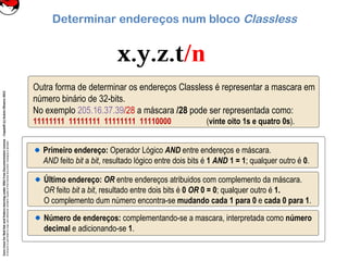 CoreLinuxforRedHatandFedoralearningunderGNUFreeDocumentationLicense-Copyleft(c)AcácioOliveira2012
Everyoneispermittedtocopyanddistributeverbatimcopiesofthislicensedocument,changingisallowed
Determinar endereços num bloco Classless
Outra forma de determinar os endereços Classless é representar a mascara em
número binário de 32-bits.
No exemplo 205.16.37.39/28 a máscara /28 pode ser representada como:
11111111 11111111 11111111 11110000 (vinte oito 1s e quatro 0s).
Primeiro endereço: Operador Lógico AND entre endereços e máscara.
AND feito bit a bit, resultado lógico entre dois bits é 1 AND 1 = 1; qualquer outro é 0.
Último endereço: OR entre endereços atribuidos com complemento da máscara.
OR feito bit a bit, resultado entre dois bits é 0 OR 0 = 0; qualquer outro é 1.
O complemento dum número encontra-se mudando cada 1 para 0 e cada 0 para 1.
Número de endereços: complementando-se a mascara, interpretada como número
decimal e adicionando-se 1.
 