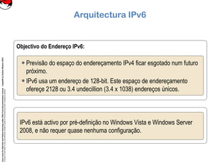 CoreLinuxforRedHatandFedoralearningunderGNUFreeDocumentationLicense-Copyleft(c)AcácioOliveira2012
Everyoneispermittedtocopyanddistributeverbatimcopiesofthislicensedocument,changingisallowed
Arquitectura IPv6
Objectivo do Endereço IPv6:
Previsão do espaço do endereçamento IPv4 ficar esgotado num futuro
próximo.
IPv6 usa um endereço de 128-bit. Este espaço de endereçamento
ofereçe 2128 ou 3.4 undecillion (3.4 x 1038) endereços únicos.
IPv6 está activo por pré-definição no Windows Vista e Windows Server
2008, e não requer quase nenhuma configuração.
 