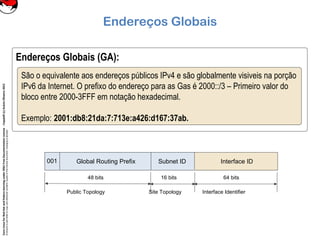CoreLinuxforRedHatandFedoralearningunderGNUFreeDocumentationLicense-Copyleft(c)AcácioOliveira2012
Everyoneispermittedtocopyanddistributeverbatimcopiesofthislicensedocument,changingisallowed
Endereços Globais
Endereços Globais (GA):
São o equivalente aos endereços públicos IPv4 e são globalmente visiveis na porção
IPv6 da Internet. O prefixo do endereço para as Gas é 2000::/3 – Primeiro valor do
bloco entre 2000-3FFF em notação hexadecimal.
Exemplo: 2001:db8:21da:7:713e:a426:d167:37ab.
Subnet ID001 Global Routing Prefix Interface ID
48 bits 16 bits 64 bits
Public Topology Site Topology Interface Identifier
 