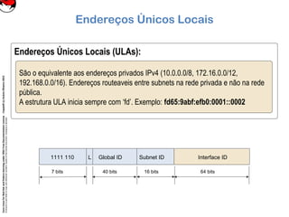CoreLinuxforRedHatandFedoralearningunderGNUFreeDocumentationLicense-Copyleft(c)AcácioOliveira2012
Everyoneispermittedtocopyanddistributeverbatimcopiesofthislicensedocument,changingisallowed
Endereços Únicos Locais
Endereços Únicos Locais (ULAs):
São o equivalente aos endereços privados IPv4 (10.0.0.0/8, 172.16.0.0/12,
192.168.0.0/16). Endereços routeaveis entre subnets na rede privada e não na rede
pública.
A estrutura ULA inicia sempre com ‘fd’. Exemplo: fd65:9abf:efb0:0001::0002
1111 110 Global IDL Subnet ID Interface ID
7 bits 40 bits 64 bits16 bits
 