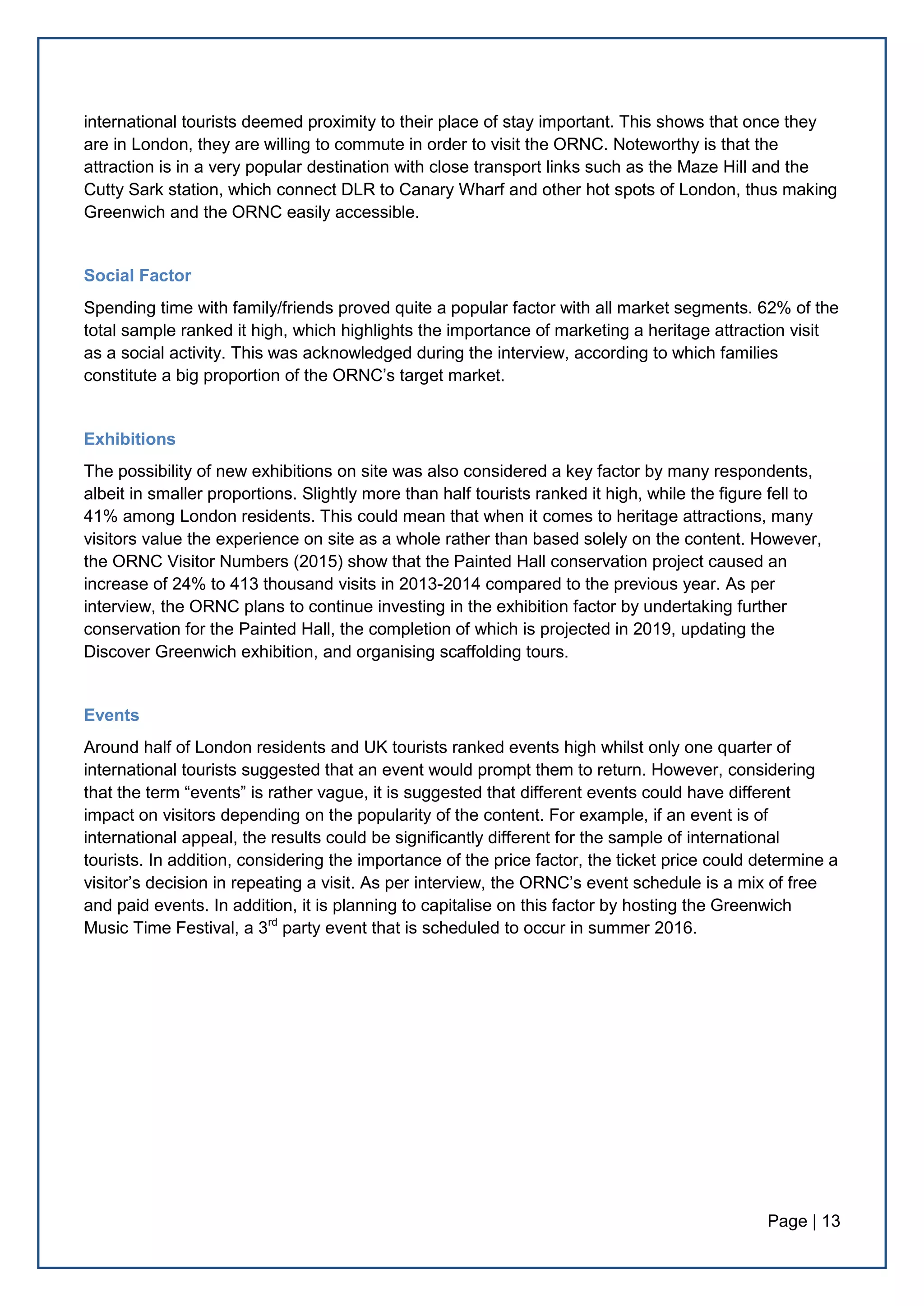 Page | 13
international tourists deemed proximity to their place of stay important. This shows that once they
are in London, they are willing to commute in order to visit the ORNC. Noteworthy is that the
attraction is in a very popular destination with close transport links such as the Maze Hill and the
Cutty Sark station, which connect DLR to Canary Wharf and other hot spots of London, thus making
Greenwich and the ORNC easily accessible.
Social Factor
Spending time with family/friends proved quite a popular factor with all market segments. 62% of the
total sample ranked it high, which highlights the importance of marketing a heritage attraction visit
as a social activity. This was acknowledged during the interview, according to which families
constitute a big proportion of the ORNC’s target market.
Exhibitions
The possibility of new exhibitions on site was also considered a key factor by many respondents,
albeit in smaller proportions. Slightly more than half tourists ranked it high, while the figure fell to
41% among London residents. This could mean that when it comes to heritage attractions, many
visitors value the experience on site as a whole rather than based solely on the content. However,
the ORNC Visitor Numbers (2015) show that the Painted Hall conservation project caused an
increase of 24% to 413 thousand visits in 2013-2014 compared to the previous year. As per
interview, the ORNC plans to continue investing in the exhibition factor by undertaking further
conservation for the Painted Hall, the completion of which is projected in 2019, updating the
Discover Greenwich exhibition, and organising scaffolding tours.
Events
Around half of London residents and UK tourists ranked events high whilst only one quarter of
international tourists suggested that an event would prompt them to return. However, considering
that the term “events” is rather vague, it is suggested that different events could have different
impact on visitors depending on the popularity of the content. For example, if an event is of
international appeal, the results could be significantly different for the sample of international
tourists. In addition, considering the importance of the price factor, the ticket price could determine a
visitor’s decision in repeating a visit. As per interview, the ORNC’s event schedule is a mix of free
and paid events. In addition, it is planning to capitalise on this factor by hosting the Greenwich
Music Time Festival, a 3rd
party event that is scheduled to occur in summer 2016.
 
