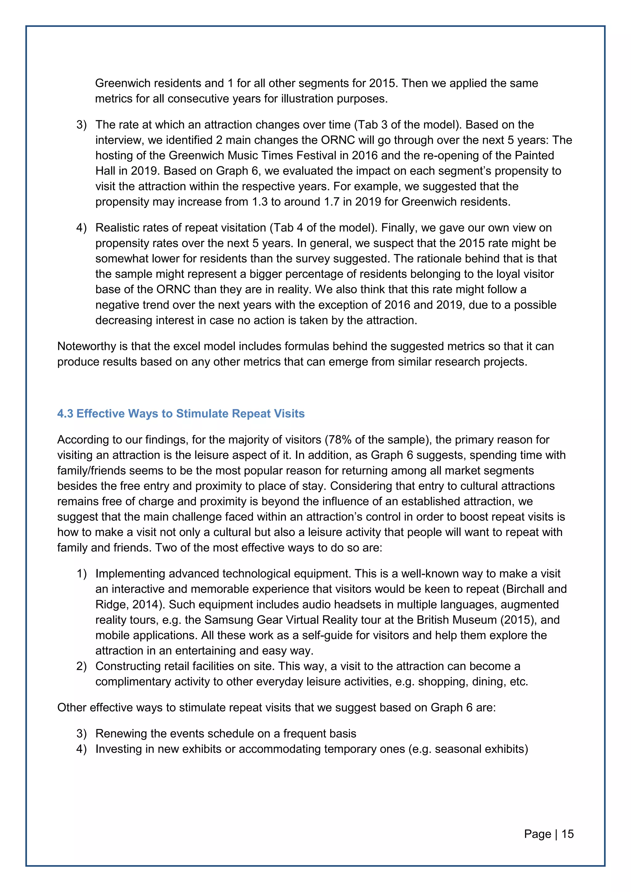 Page | 15
Greenwich residents and 1 for all other segments for 2015. Then we applied the same
metrics for all consecutive years for illustration purposes.
3) The rate at which an attraction changes over time (Tab 3 of the model). Based on the
interview, we identified 2 main changes the ORNC will go through over the next 5 years: The
hosting of the Greenwich Music Times Festival in 2016 and the re-opening of the Painted
Hall in 2019. Based on Graph 6, we evaluated the impact on each segment’s propensity to
visit the attraction within the respective years. For example, we suggested that the
propensity may increase from 1.3 to around 1.7 in 2019 for Greenwich residents.
4) Realistic rates of repeat visitation (Tab 4 of the model). Finally, we gave our own view on
propensity rates over the next 5 years. In general, we suspect that the 2015 rate might be
somewhat lower for residents than the survey suggested. The rationale behind that is that
the sample might represent a bigger percentage of residents belonging to the loyal visitor
base of the ORNC than they are in reality. We also think that this rate might follow a
negative trend over the next years with the exception of 2016 and 2019, due to a possible
decreasing interest in case no action is taken by the attraction.
Noteworthy is that the excel model includes formulas behind the suggested metrics so that it can
produce results based on any other metrics that can emerge from similar research projects.
4.3 Effective Ways to Stimulate Repeat Visits
According to our findings, for the majority of visitors (78% of the sample), the primary reason for
visiting an attraction is the leisure aspect of it. In addition, as Graph 6 suggests, spending time with
family/friends seems to be the most popular reason for returning among all market segments
besides the free entry and proximity to place of stay. Considering that entry to cultural attractions
remains free of charge and proximity is beyond the influence of an established attraction, we
suggest that the main challenge faced within an attraction’s control in order to boost repeat visits is
how to make a visit not only a cultural but also a leisure activity that people will want to repeat with
family and friends. Two of the most effective ways to do so are:
1) Implementing advanced technological equipment. This is a well-known way to make a visit
an interactive and memorable experience that visitors would be keen to repeat (Birchall and
Ridge, 2014). Such equipment includes audio headsets in multiple languages, augmented
reality tours, e.g. the Samsung Gear Virtual Reality tour at the British Museum (2015), and
mobile applications. All these work as a self-guide for visitors and help them explore the
attraction in an entertaining and easy way.
2) Constructing retail facilities on site. This way, a visit to the attraction can become a
complimentary activity to other everyday leisure activities, e.g. shopping, dining, etc.
Other effective ways to stimulate repeat visits that we suggest based on Graph 6 are:
3) Renewing the events schedule on a frequent basis
4) Investing in new exhibits or accommodating temporary ones (e.g. seasonal exhibits)
 