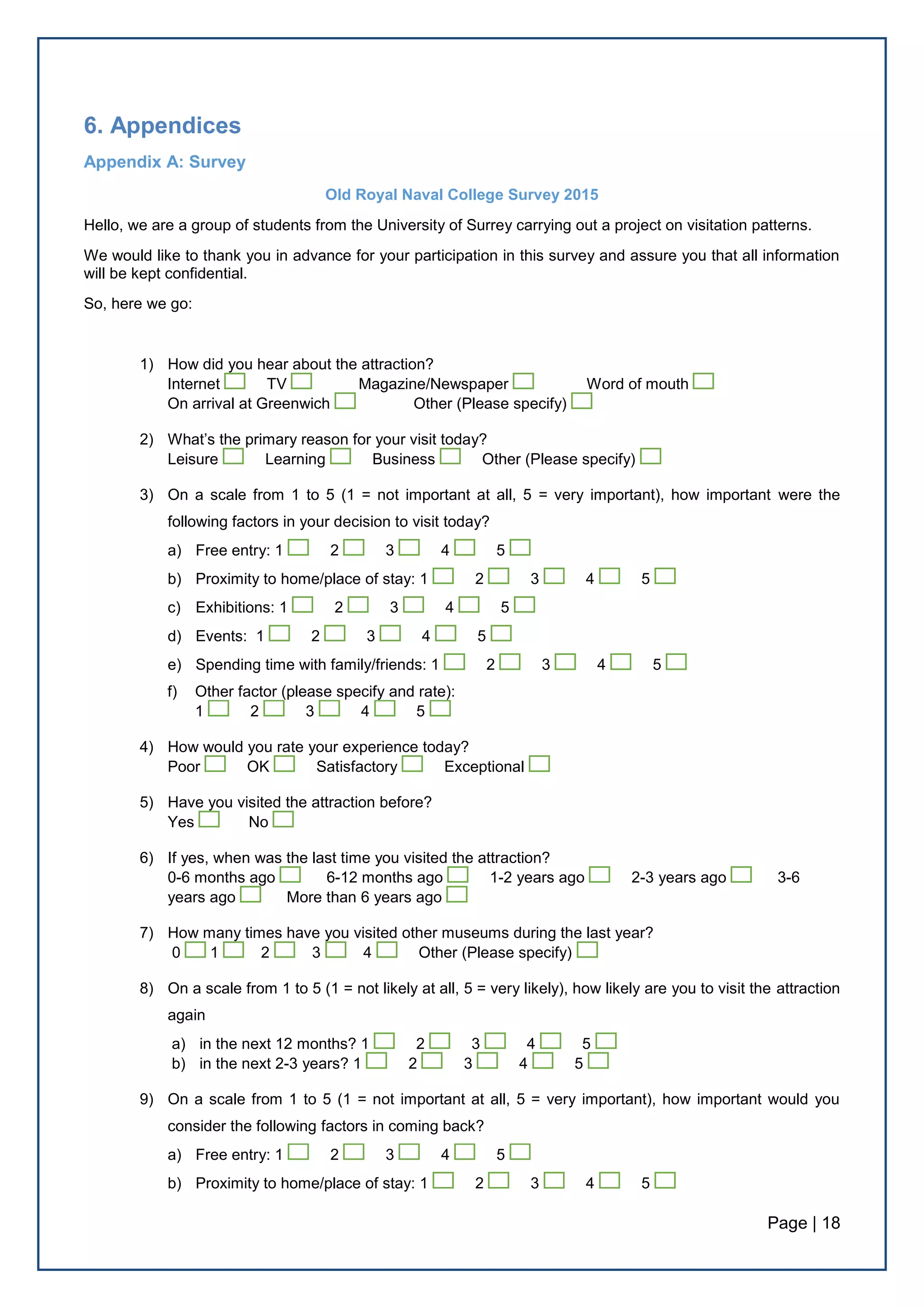 Page | 18
6. Appendices
Appendix A: Survey
Old Royal Naval College Survey 2015
Hello, we are a group of students from the University of Surrey carrying out a project on visitation patterns.
We would like to thank you in advance for your participation in this survey and assure you that all information
will be kept confidential.
So, here we go:
1) How did you hear about the attraction?
Internet TV Magazine/Newspaper Word of mouth
On arrival at Greenwich Other (Please specify)
2) What’s the primary reason for your visit today?
Leisure Learning Business Other (Please specify)
3) On a scale from 1 to 5 (1 = not important at all, 5 = very important), how important were the
following factors in your decision to visit today?
a) Free entry: 1 2 3 4 5
b) Proximity to home/place of stay: 1 2 3 4 5
c) Exhibitions: 1 2 3 4 5
d) Events: 1 2 3 4 5
e) Spending time with family/friends: 1 2 3 4 5
f) Other factor (please specify and rate):
1 2 3 4 5
4) How would you rate your experience today?
Poor OK Satisfactory Exceptional
5) Have you visited the attraction before?
Yes No
6) If yes, when was the last time you visited the attraction?
0-6 months ago 6-12 months ago 1-2 years ago 2-3 years ago 3-6
years ago More than 6 years ago
7) How many times have you visited other museums during the last year?
0 1 2 3 4 Other (Please specify)
8) On a scale from 1 to 5 (1 = not likely at all, 5 = very likely), how likely are you to visit the attraction
again
a) in the next 12 months? 1 2 3 4 5
b) in the next 2-3 years? 1 2 3 4 5
9) On a scale from 1 to 5 (1 = not important at all, 5 = very important), how important would you
consider the following factors in coming back?
a) Free entry: 1 2 3 4 5
b) Proximity to home/place of stay: 1 2 3 4 5
 