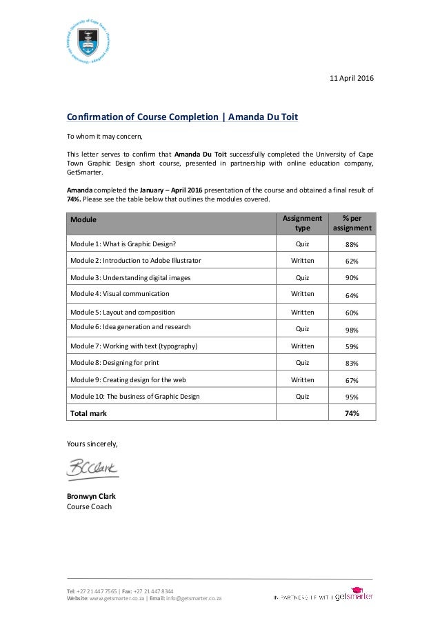 Letter of Completion, Awaiting delivery of Certificate