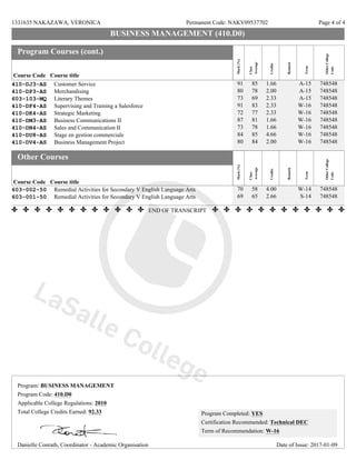 1331635 NAKAZAWA, VERONICA Permanent Code: NAKV09537702 Page 4 of 4
BUSINESS MANAGEMENT (410.D0)BUSINESS MANAGEMENT (410.D0)
Program Courses (cont.)
Mark(%)
Class
Average
Credits
Remark
Term
OtherCollege
Code
Course Code Course title
410-DJ3-AS Customer Service 91 85 1.66 A-15 748548
410-DP3-AS Merchandising 80 78 2.00 A-15 748548
603-103-MQ Literary Themes 73 69 2.33 A-15 748548
410-DF4-AS Supervising and Training a Salesforce 91 83 2.33 W-16 748548
410-DK4-AS Strategic Marketing 72 77 2.33 W-16 748548
410-DM3-AS Business Communications II 87 81 1.66 W-16 748548
410-DN4-AS Sales and Communication II 73 78 1.66 W-16 748548
410-DU8-AS Stage en gestion commerciale 84 85 4.66 W-16 748548
410-DV4-AS Business Management Project 80 84 2.00 W-16 748548
Other Courses
Mark(%)
Class
Average
Credits
Remark
Term
OtherCollege
Code
Course Code Course title
603-002-50 Remedial Activities for Secondary V English Language Arts 70 58 4.00 W-14 748548
603-001-50 Remedial Activities for Secondary V English Language Arts 69 65 2.66 S-14 748548
END OF TRANSCRIPT
Danielle Conrath, Coordinator - Academic Organisation
Certification Recommended: Technical DEC
Term of Recommendation: W-16
Program Completed: YES
Date of Issue: 2017-01-09
Program Code: 410.D0
Applicable College Regulations: 2010
Total College Credits Earned: 92.33
Program: BUSINESS MANAGEMENT
 