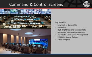 Command & Control Screens
Key Benefits
• Low Cost of Ownership
• Reliability
• High Brightness and Contrast Ratio
• Automatic Intensity Management
• Automatic Color Space Management
• LED Light Source Options
• Small Footprint
 