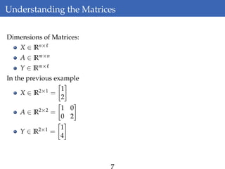 Understanding the Matrices
Dimensions of Matrices:
X ∈ Rn×
A ∈ Rm×n
Y ∈ Rm×
In the previous example
X ∈ R2×1 =
1
2
A ∈ R2×2 =
1 0
0 2
Y ∈ R2×1 =
1
4
7
 